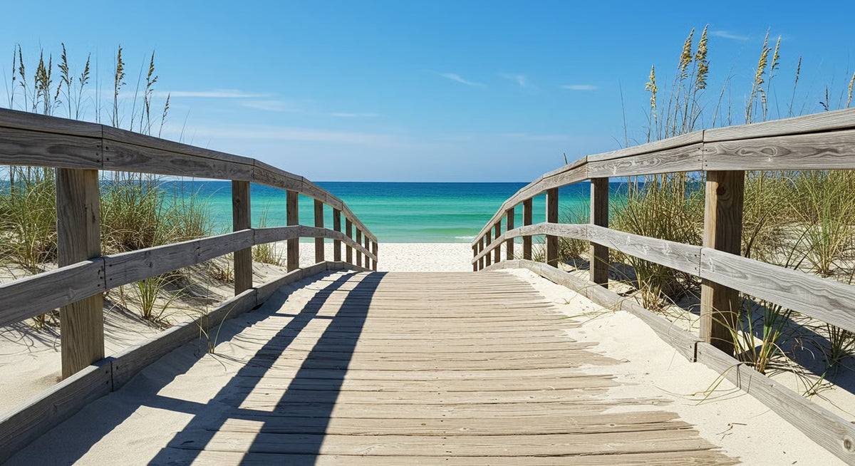 Wooden boardwalk through sea grass leading to a turquoise ocean under blue sky